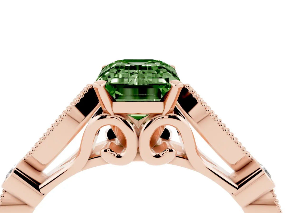 Fancy Green Emerald Cut Cut Diamond with Milgrain Marquise and Bezel Accents on a Solitaire Band with Prong Setting Rose gold