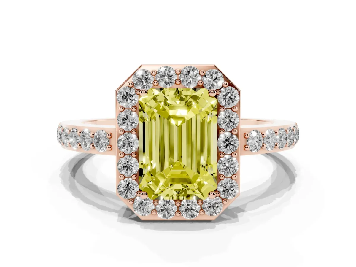 Fancy Yellow Emerald Cut Halo Diamond Pavé Band Ring with Prong Setting Rose gold