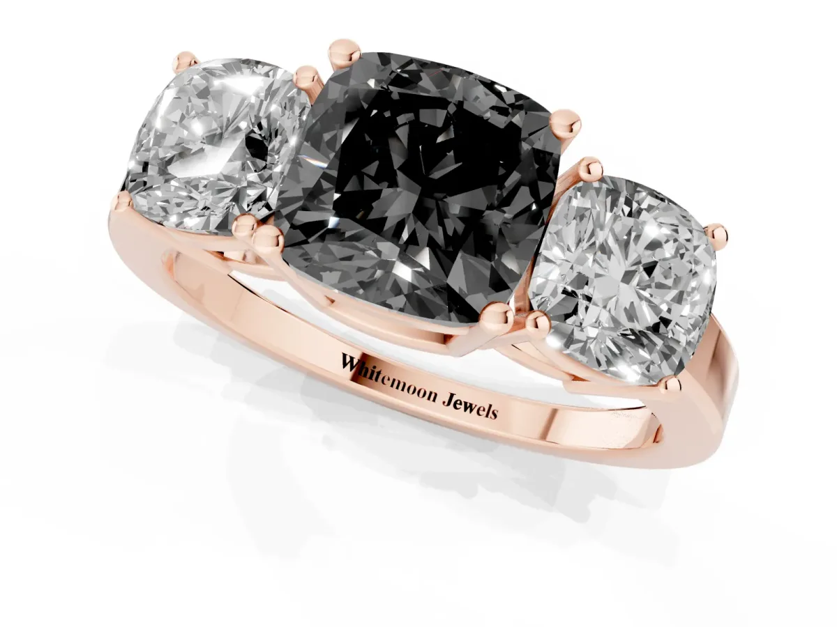 Fancy Black Three-Stone Cushion Cut Cut Diamond Engagement Ring with Flat Band and Four-Prong Setting Rose gold