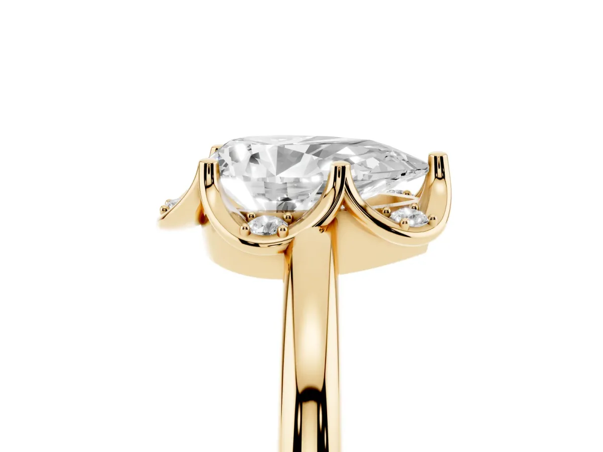 Pear Cut Halo Diamond Ring with Round Cluster Setting, Solitaire Band, and Four-Prong Setting Yellow gold