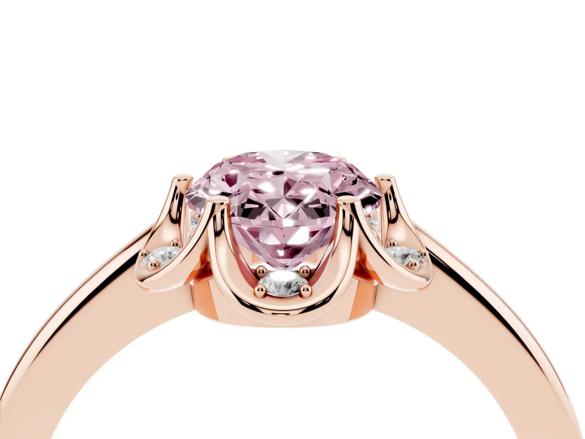 Fancy Pink Oval Cut Halo Diamond Ring with Round Cluster Setting, Solitaire Band, and Four-Prong Setting Rose gold