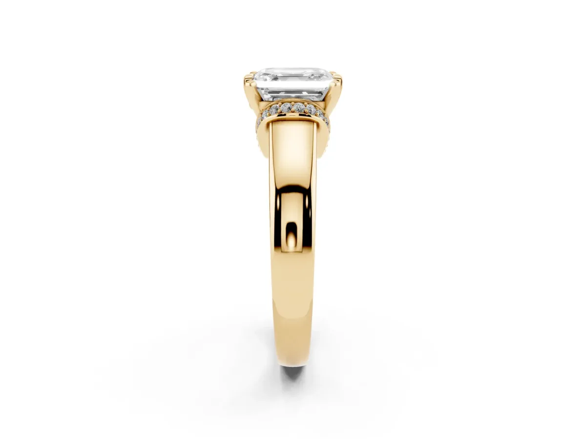 Asscher Cut Solitaire Diamond Ring with Pave Band and Six-Prong Setting Yellow gold