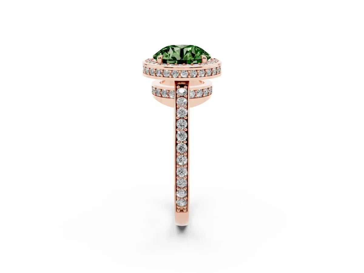 Fancy Green Round Cut Halo Pave Band Solitaire Ring with Prong Setting Rose gold