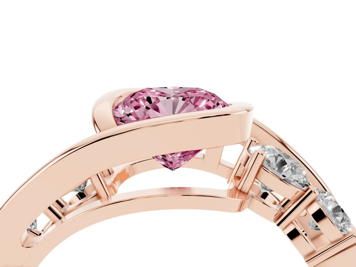Fancy Pink Bezel Set Cushion Cut Diamond Bypass Ring with Round Accents Rose gold