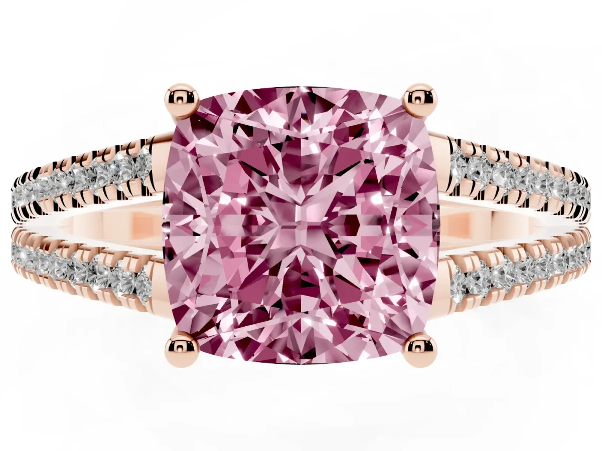 Fancy Pink Cushion Cut Diamond Solitaire Engagement Ring with Split Shank Pavé Band Rose gold