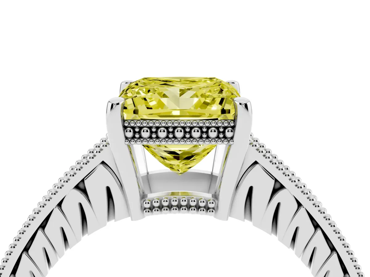Fancy Yellow Princess Cut Solitaire Pavé Diamond Milgrain Engagement Ring with Four-Prong Setting Silver