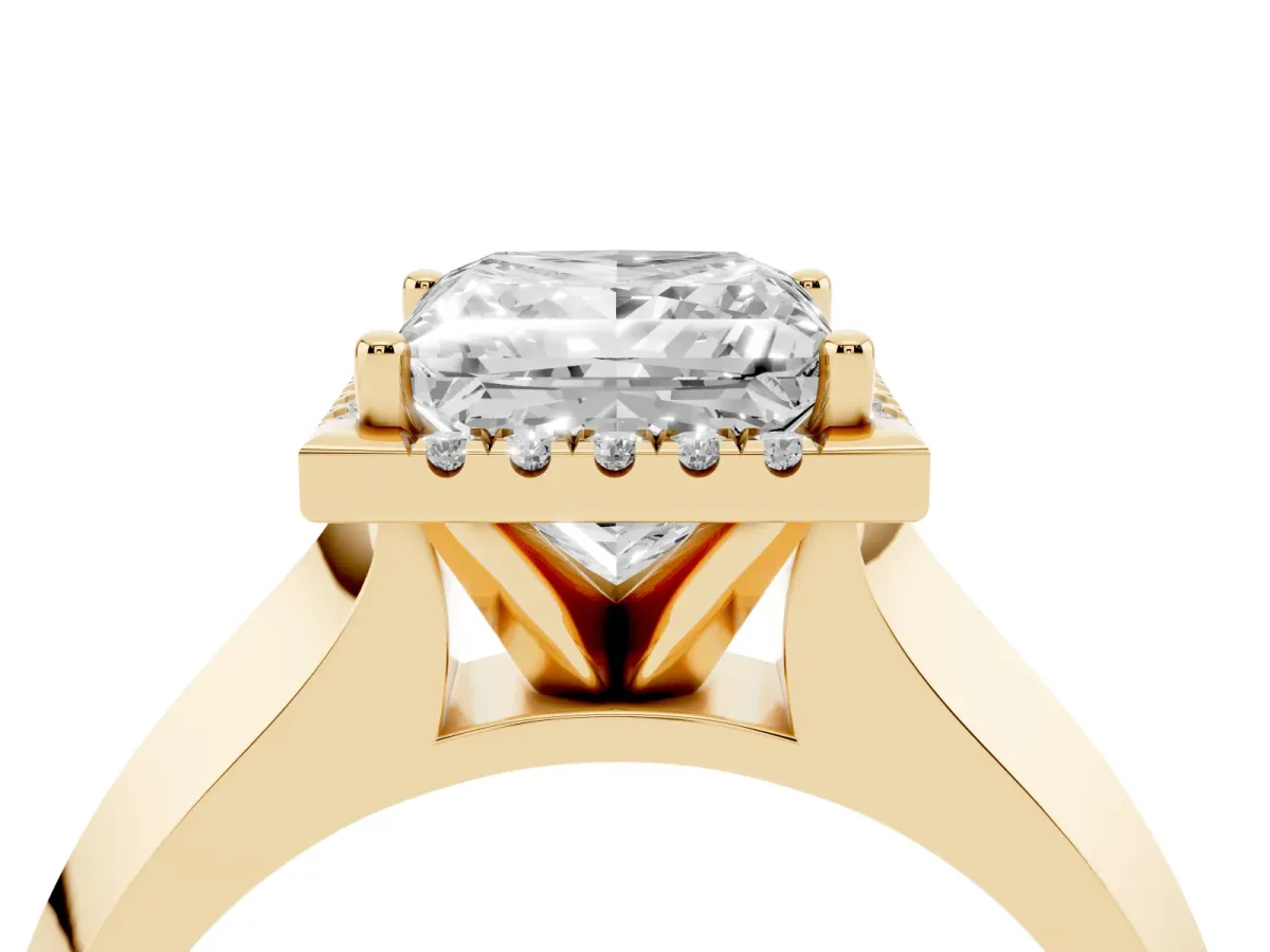 Princess Cut Halo Diamond Ring with Cathedral Band and Four-Prong Setting Yellow gold