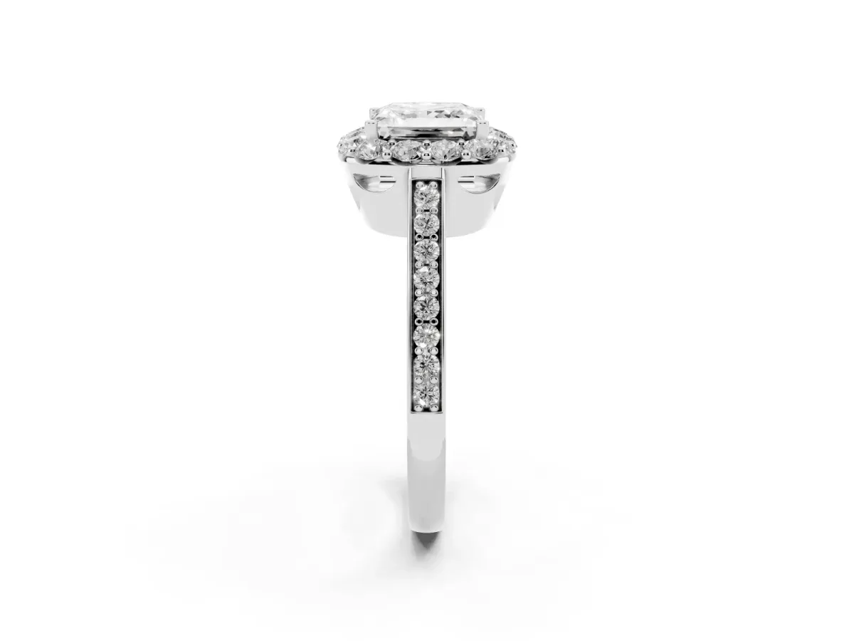 Princess Cut Diamond Floral Halo Ring with Pavé Band and Prong Setting Silver