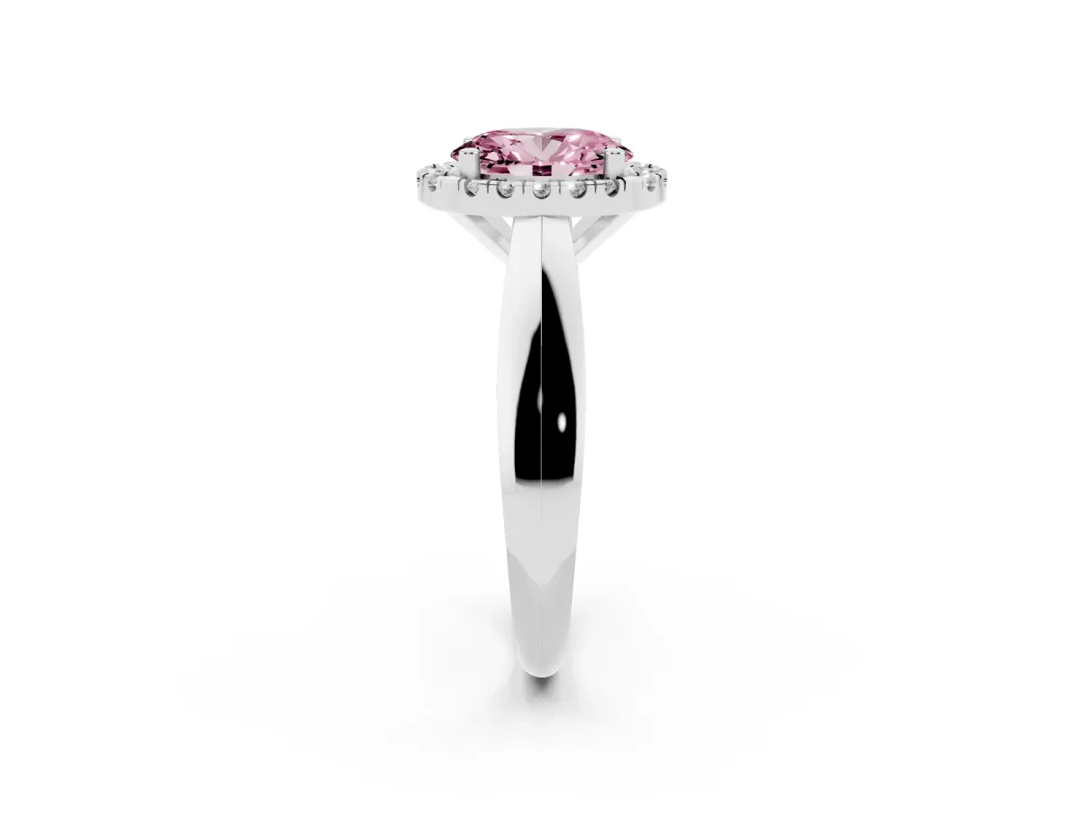 Fancy Pink Oval Cut Cut Halo Solitaire Engagement Ring with Square Band and Four-Prong Setting Silver