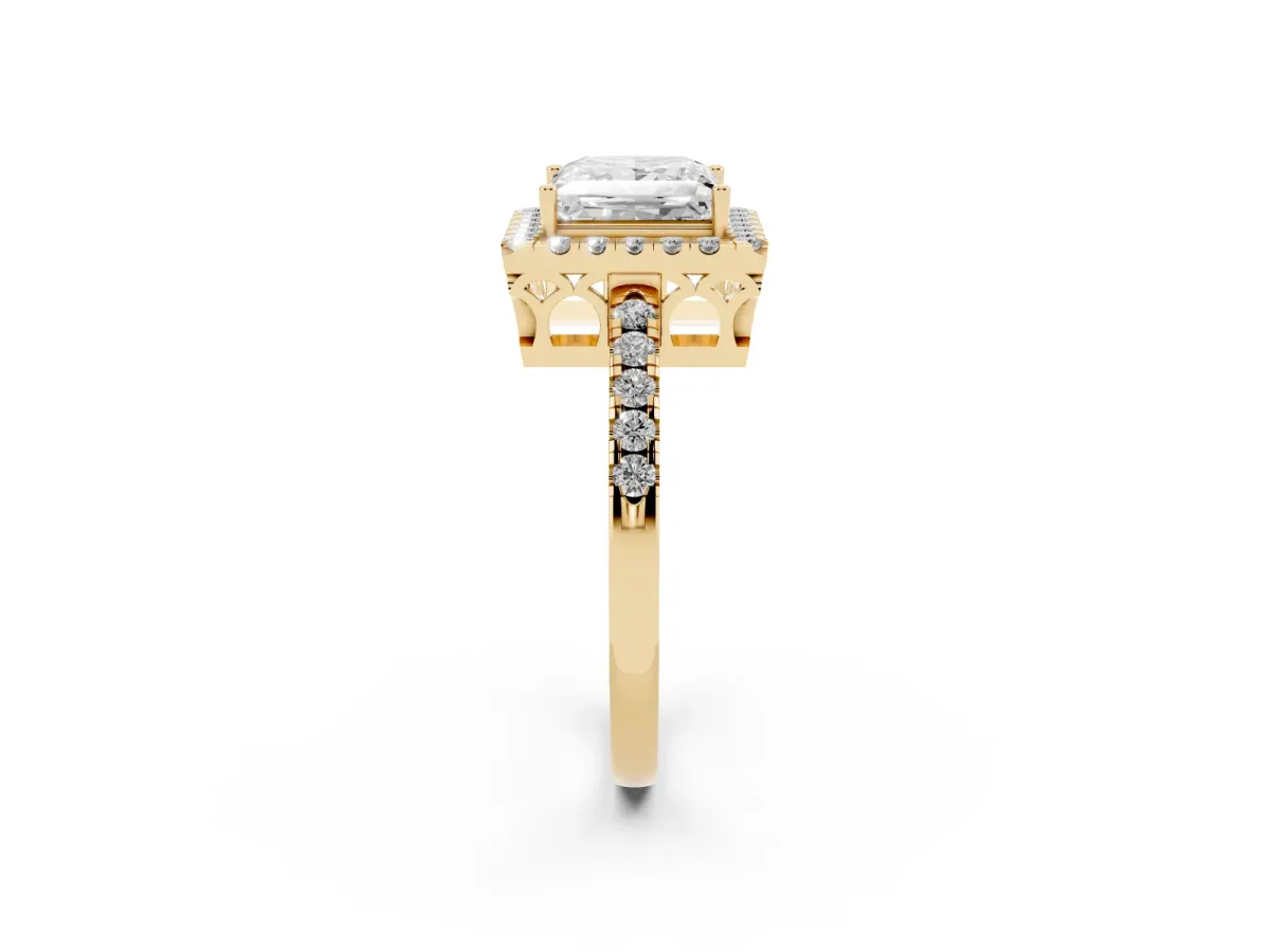 Princess Cut Halo Diamond Engagement Ring with Pavé Band and Four-Prong Setting Yellow gold