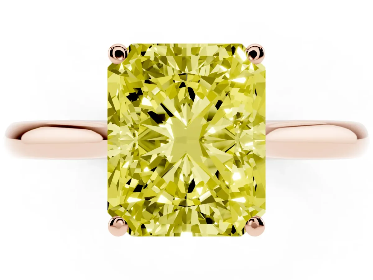 Fancy Yellow Radiant Cut Cut Solitaire Ring with Cathedral Band and Four-Prong Setting Rose gold