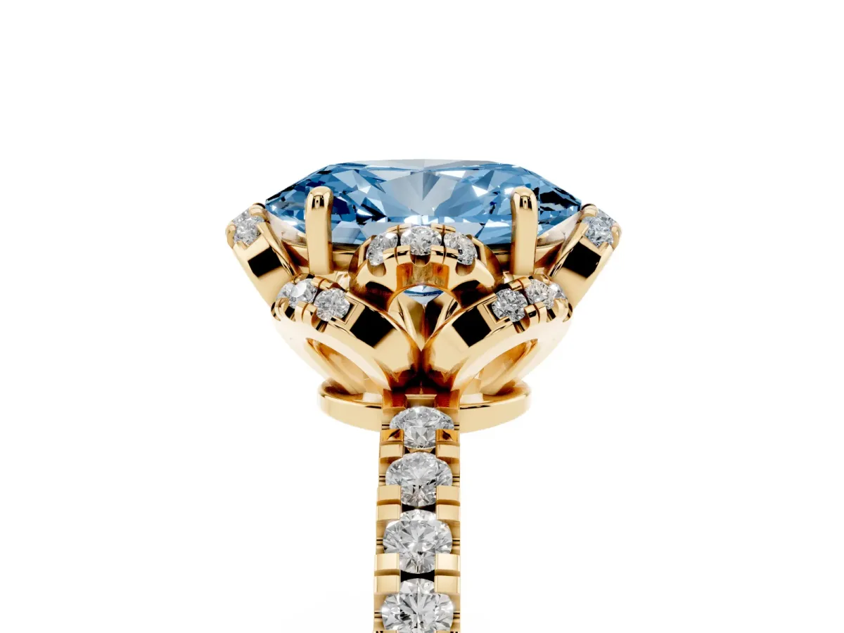 Fancy Blue Oval Cut Halo Diamond Pave Band Ring with Four-Prong Setting Yellow gold