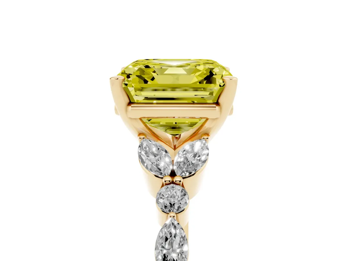 Fancy Yellow Asscher Cut Diamond Solitaire Ring with Side Stones and Four-Prong Setting Yellow gold
