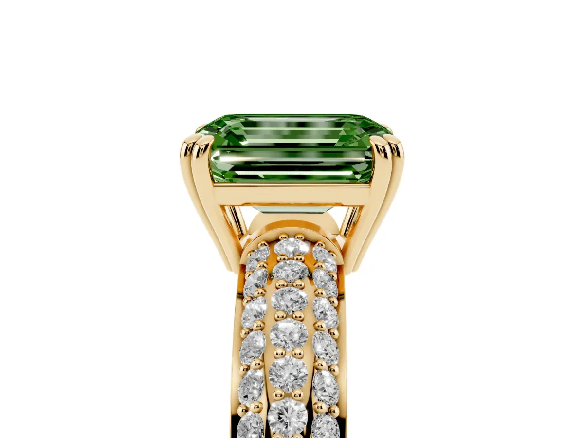Fancy Green Emerald Cut Diamond Solitaire Ring with Multi-Row Round Pavé Band and Prong Setting Yellow gold