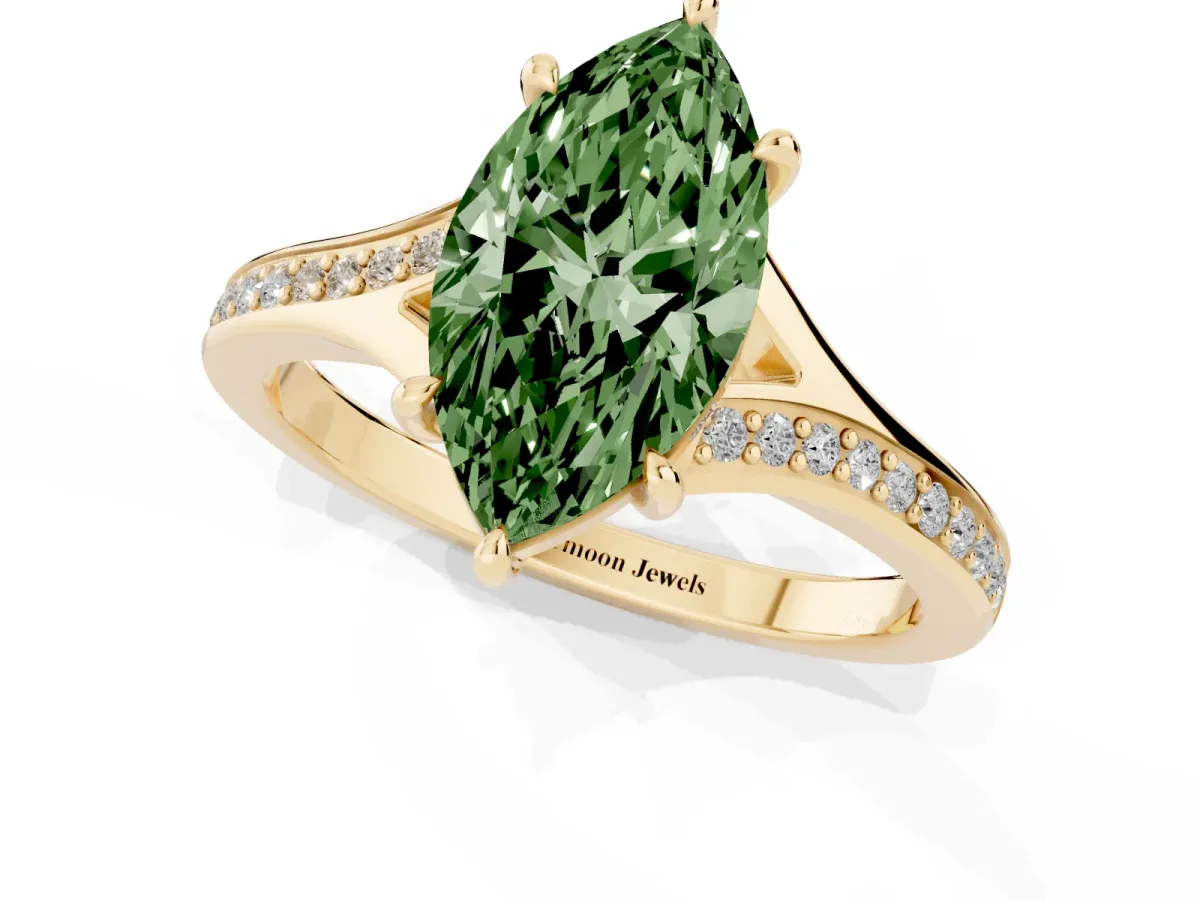 Fancy Green Marquise Cut Diamond Solitaire Ring with Pavé Band and Prong Setting Yellow gold
