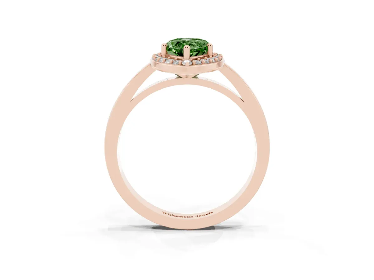 Fancy Green Pear Cut Halo Diamond Ring with Solitaire Band and Prong Setting Rose gold