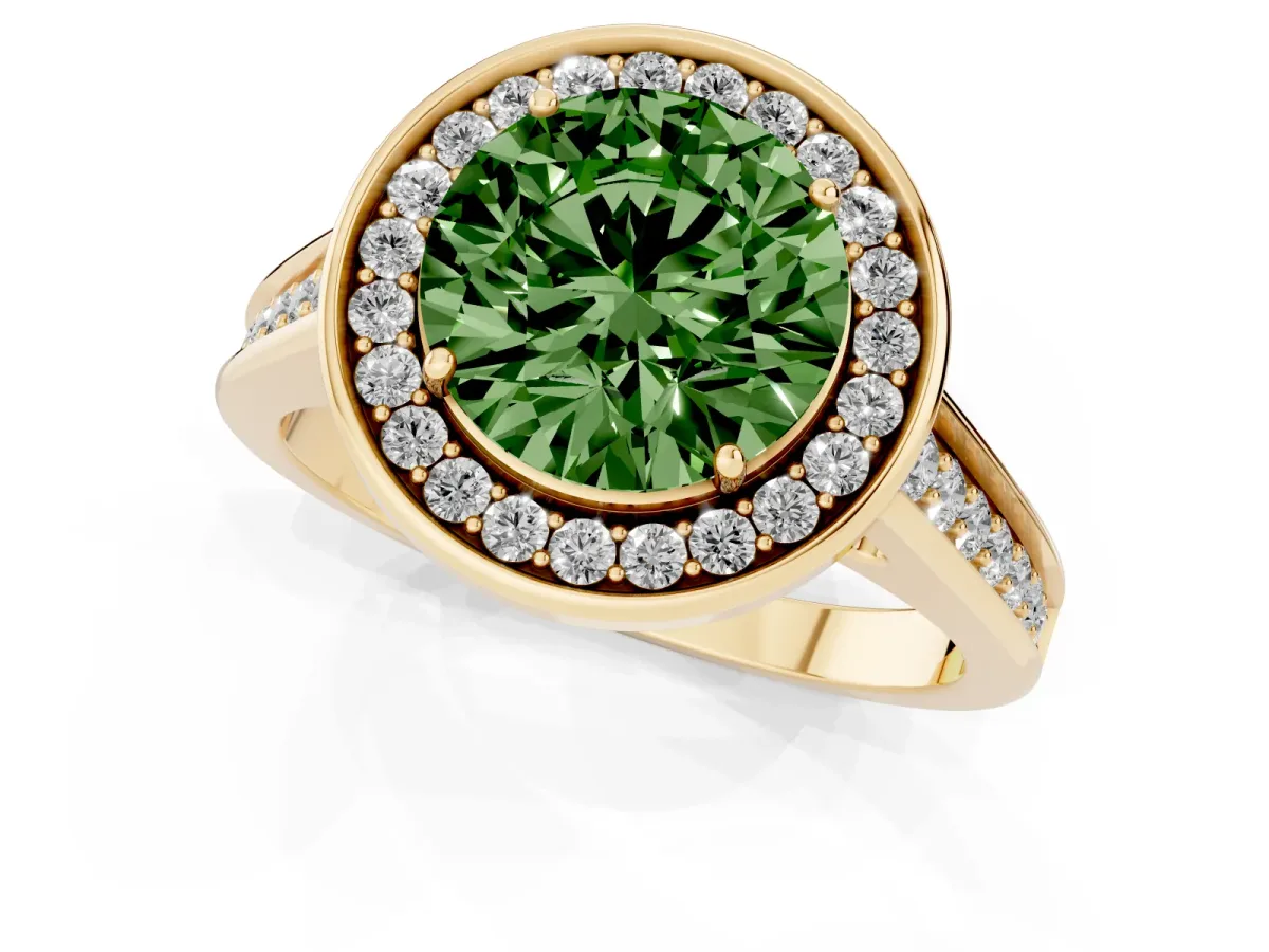 Fancy Green Round Cut Halo Solitaire Diamond Ring with Pave Band and Bezel Setting Yellow gold