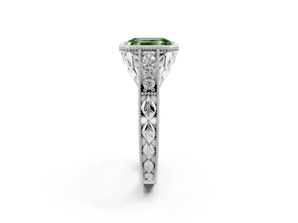 Fancy Green Bezel Set Emerald Cut Diamond Milgrain Pave Engagement Ring Platinum