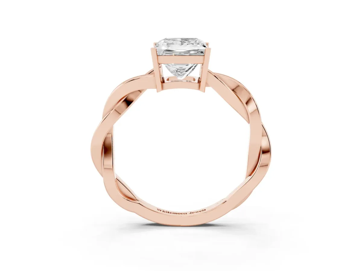 Princess Cut Solitaire Twisted Pave Diamond Ring with Four-Prong Setting Rose gold