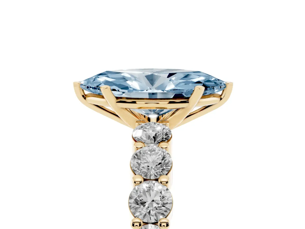 Fancy Blue Marquise Cut Diamond Solitaire Ring with Shared Prong Round Side Stones Yellow gold