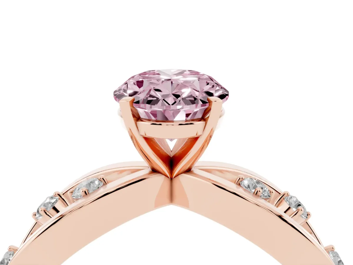 Fancy Pink Oval Cut Cut Solitaire Diamond with Side Stones on Criss-Cross Band and Four-Prong Setting Rose gold