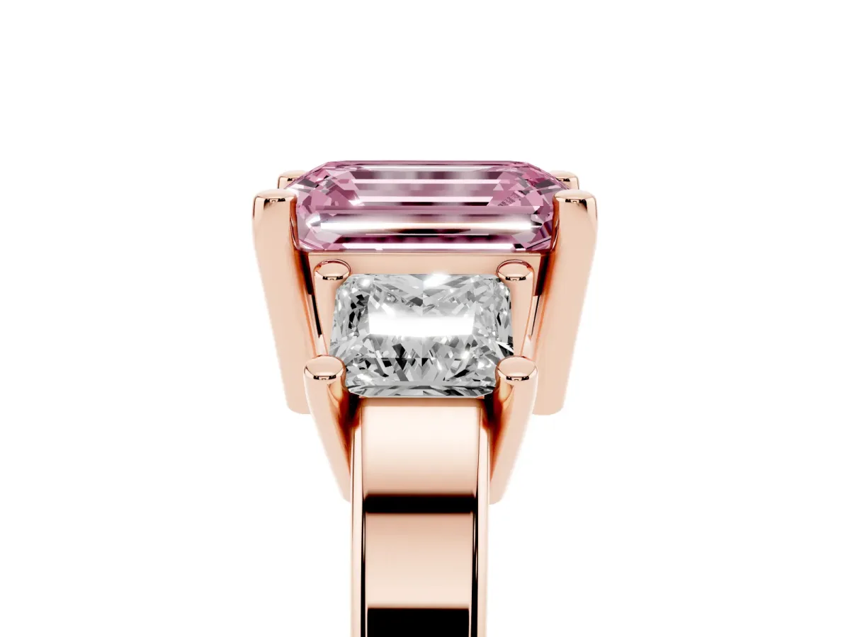 Fancy Pink Three-Stone Emerald Cut Cut Solitaire Ring with Prong Setting Rose gold