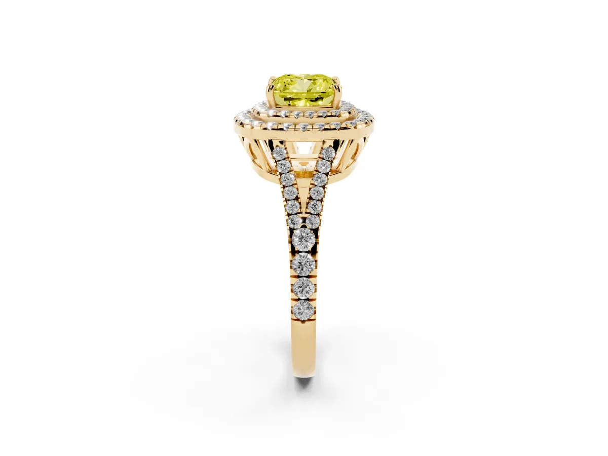 Fancy Yellow Cushion Cut Diamond Double Halo Ring with Pavé Band and Prong Setting Yellow gold