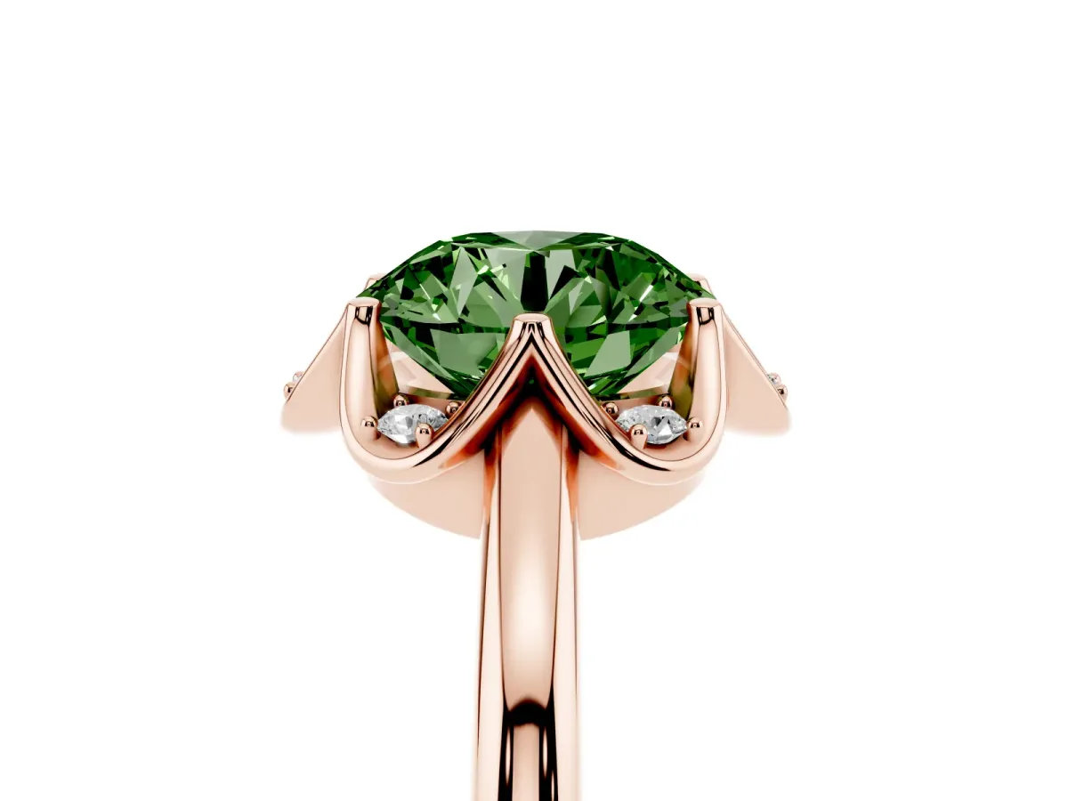 Fancy Green Round Cut Halo Diamond Ring with Round Cluster Setting, Solitaire Band, and Four-Prong Setting Rose gold