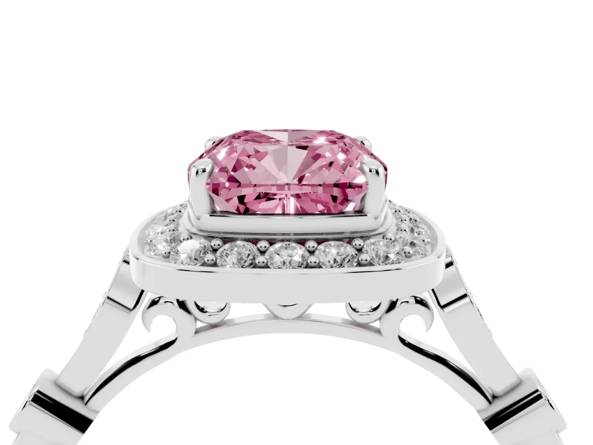 Fancy Pink Cushion Cut Halo Diamond Engagement Ring with Twisted Band and Four-Prong Setting Platinum