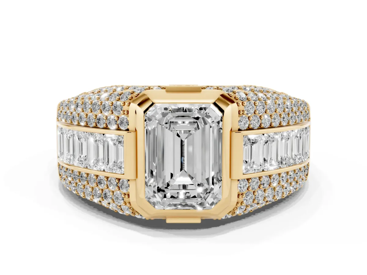 Emerald Cut Diamond Mens Ring with Side Stones Yellow gold