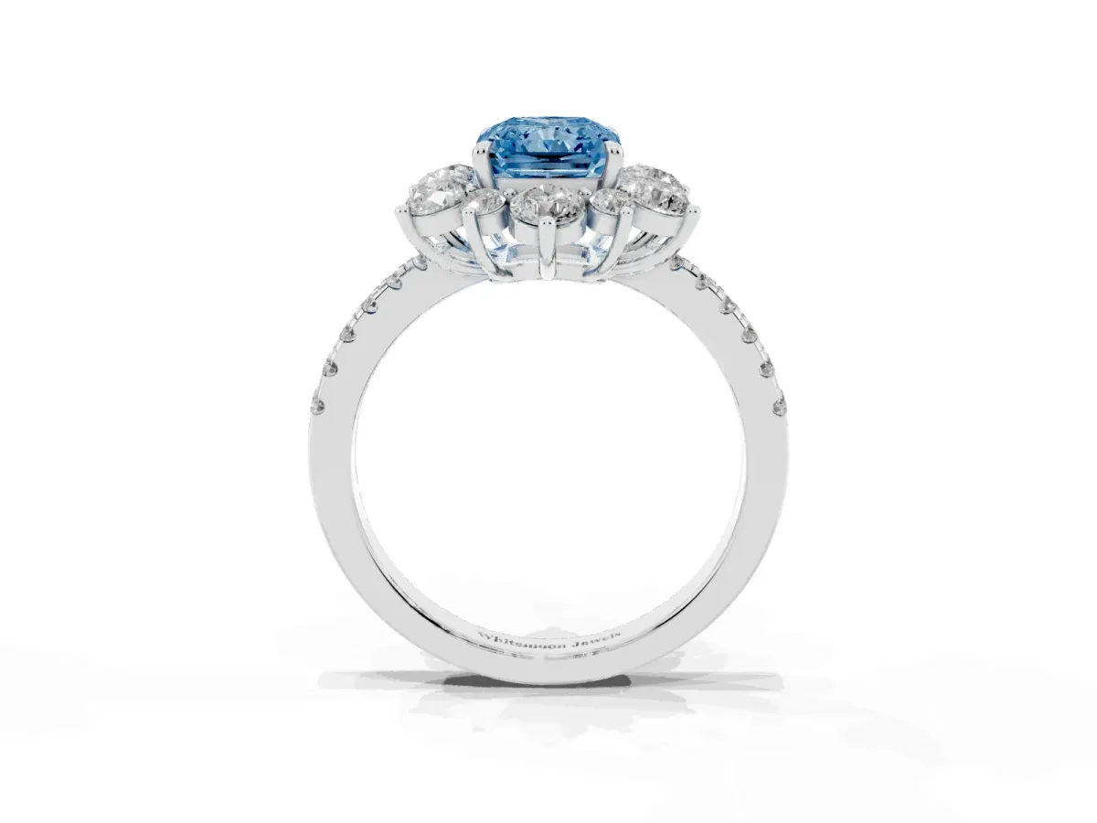 Fancy Blue Radiant Cut Diamond Floral Halo Ring with Round Pavé Band and Prong Setting Silver