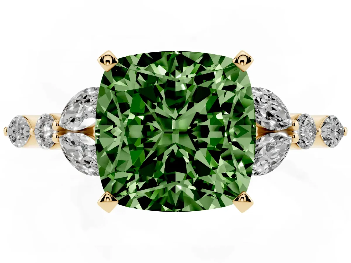 Fancy Green Cushion Cut Diamond Solitaire Ring with Side Stones and Four-Prong Setting Yellow gold
