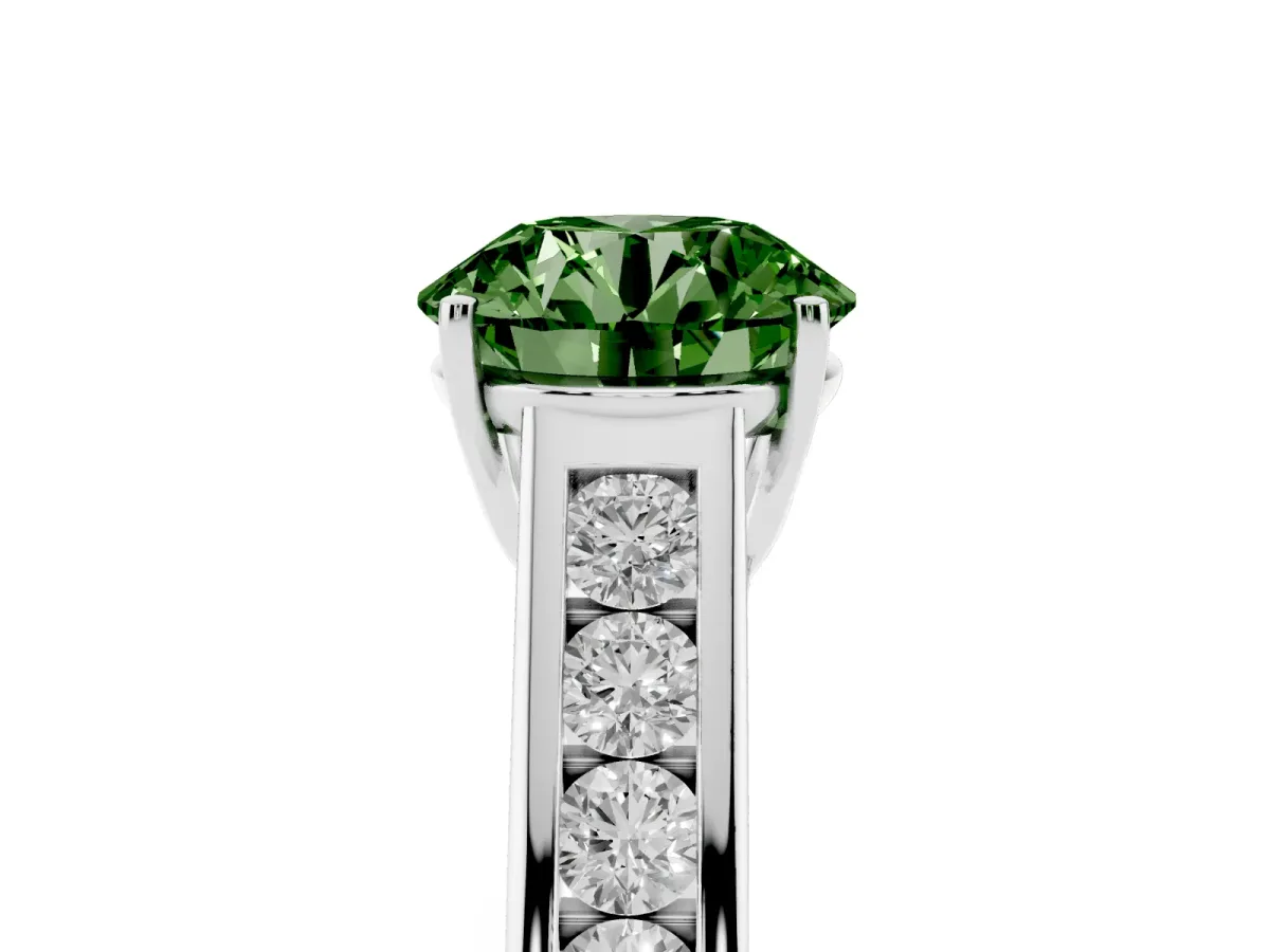 Fancy Green Round Cut Solitaire Channel-Set Diamond Engagement Ring with Four-Prong Setting Platinum