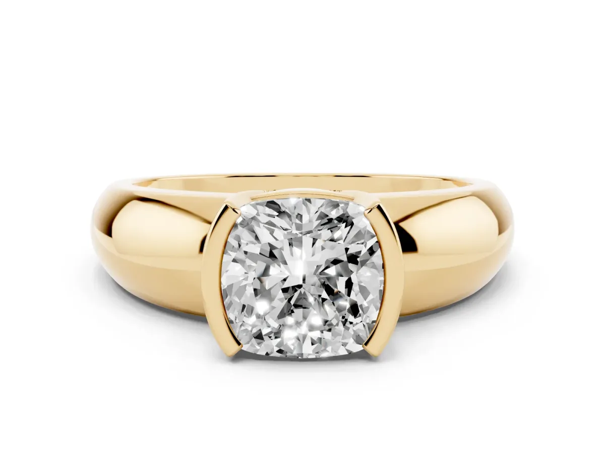 Cushion Cut Solitaire Tension Set Diamond Ring with Wide Band Yellow gold