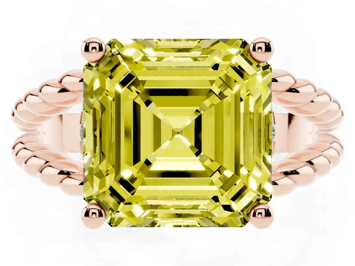 Fancy Yellow Asscher Cut Halo Twisted Band Four-Prong Ring Rose gold