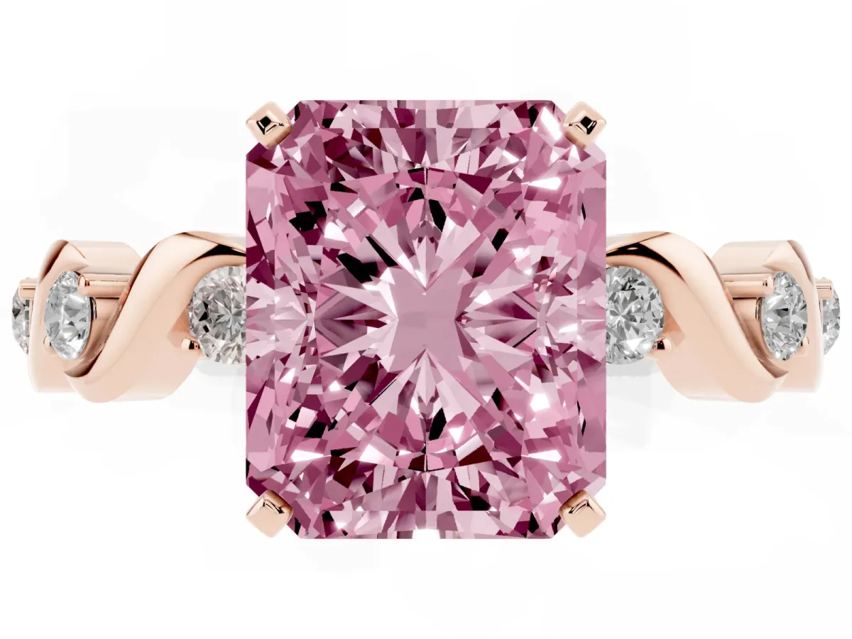 Fancy Pink Radiant Cut Diamond Solitaire Twisted Band with Round Accents and Prong Setting Rose gold