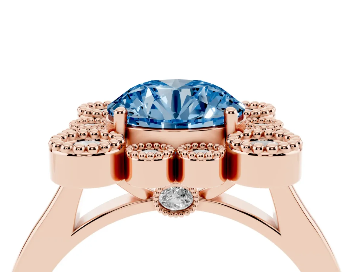 Fancy Blue Round Cut Halo Diamond Cluster Engagement Ring with Milgrain Bezel Setting and Solitaire Band Rose gold