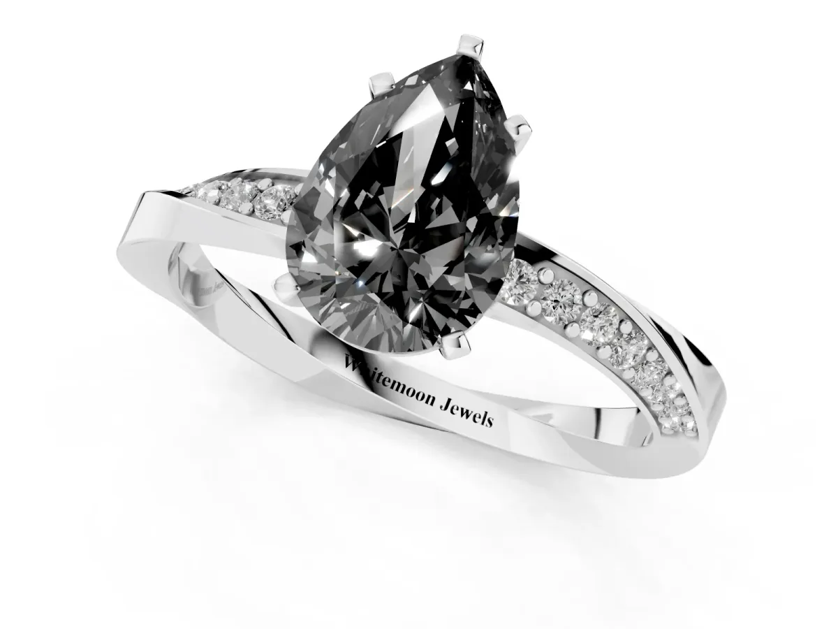 Fancy Black Pear Cut Diamond Engagement Ring with Side Stone Accents and Four-Prong Setting Silver