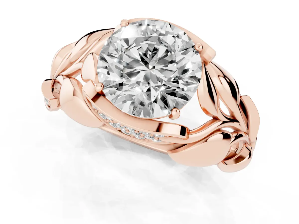 Round Cut Diamond Leaf-Inspired Engagement Ring with Round Accents and Prong Setting Rose gold