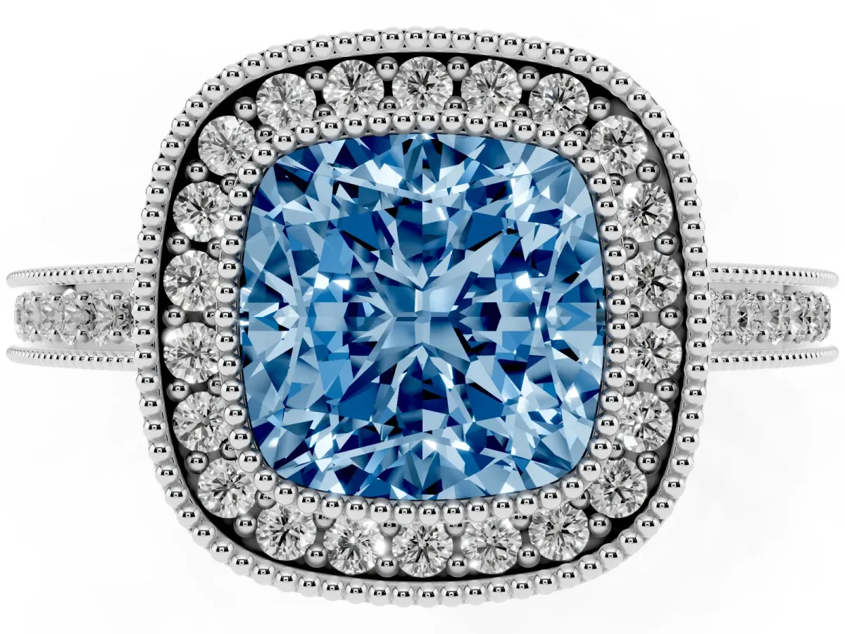 Fancy Blue Cushion Cut Cut Halo Diamond Ring with Pavé Band and Milgrain Prong Setting Platinum