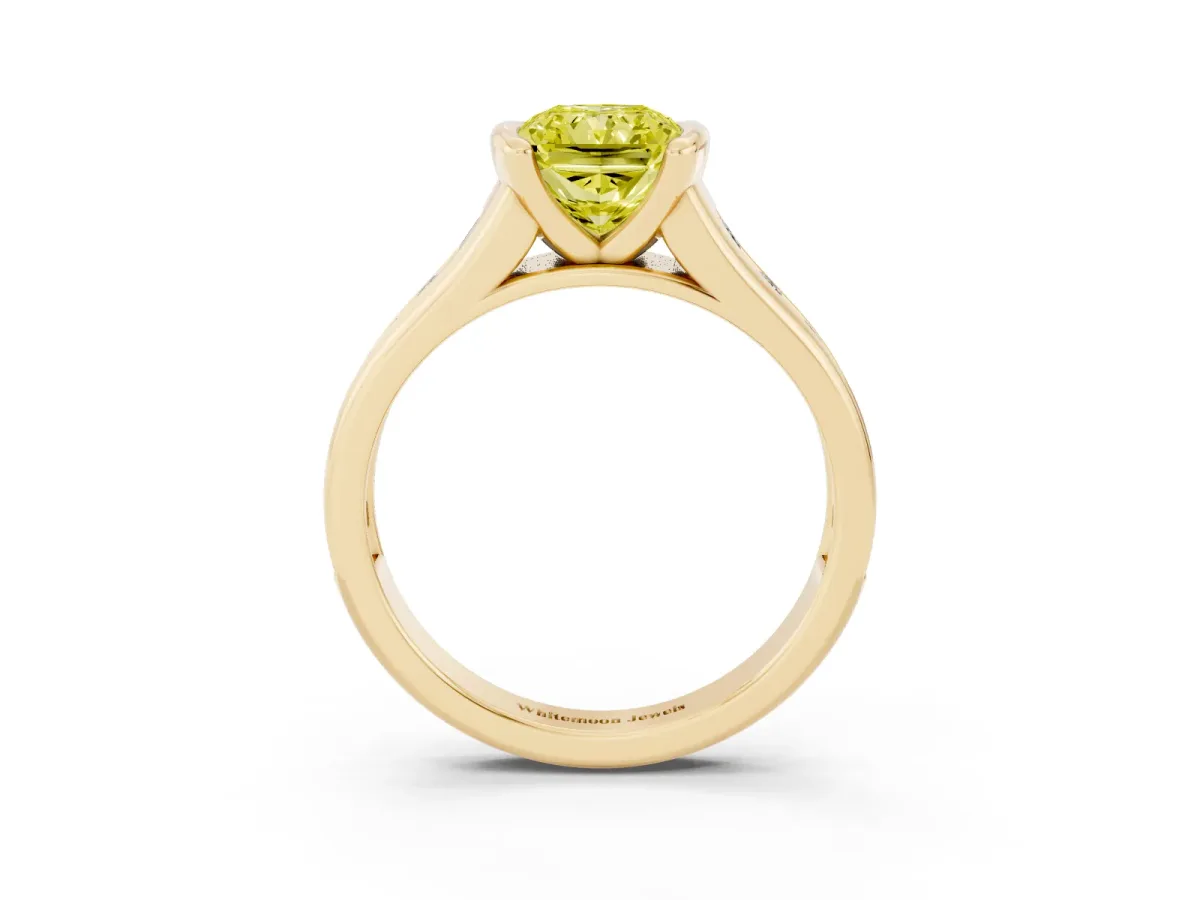 Fancy Yellow Radiant Cut Solitaire Bezel-Set Diamond Ring with Channel-Set Band Yellow gold