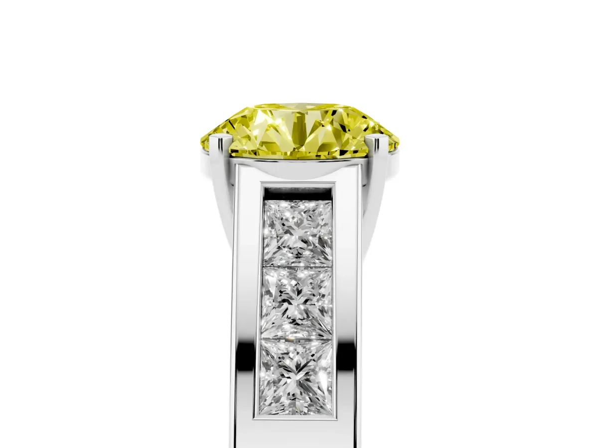 Fancy Yellow Round Cut Cut Channel Set Solitaire Ring with Four-Prong Setting Silver