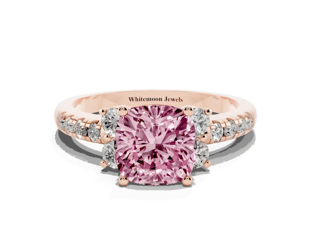 Fancy Pink Cushion Cut Diamond Three-Stone Pave Band with Four-Prong Setting Rose gold