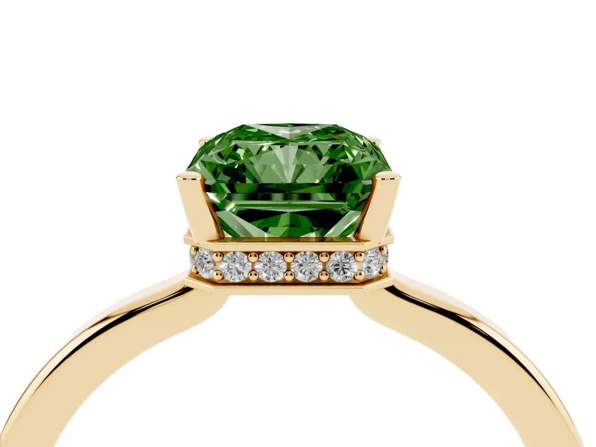 Fancy Green Radiant Cut Cut Solitaire Engagement Ring with Four-Prong Setting on a Classic Band Yellow gold