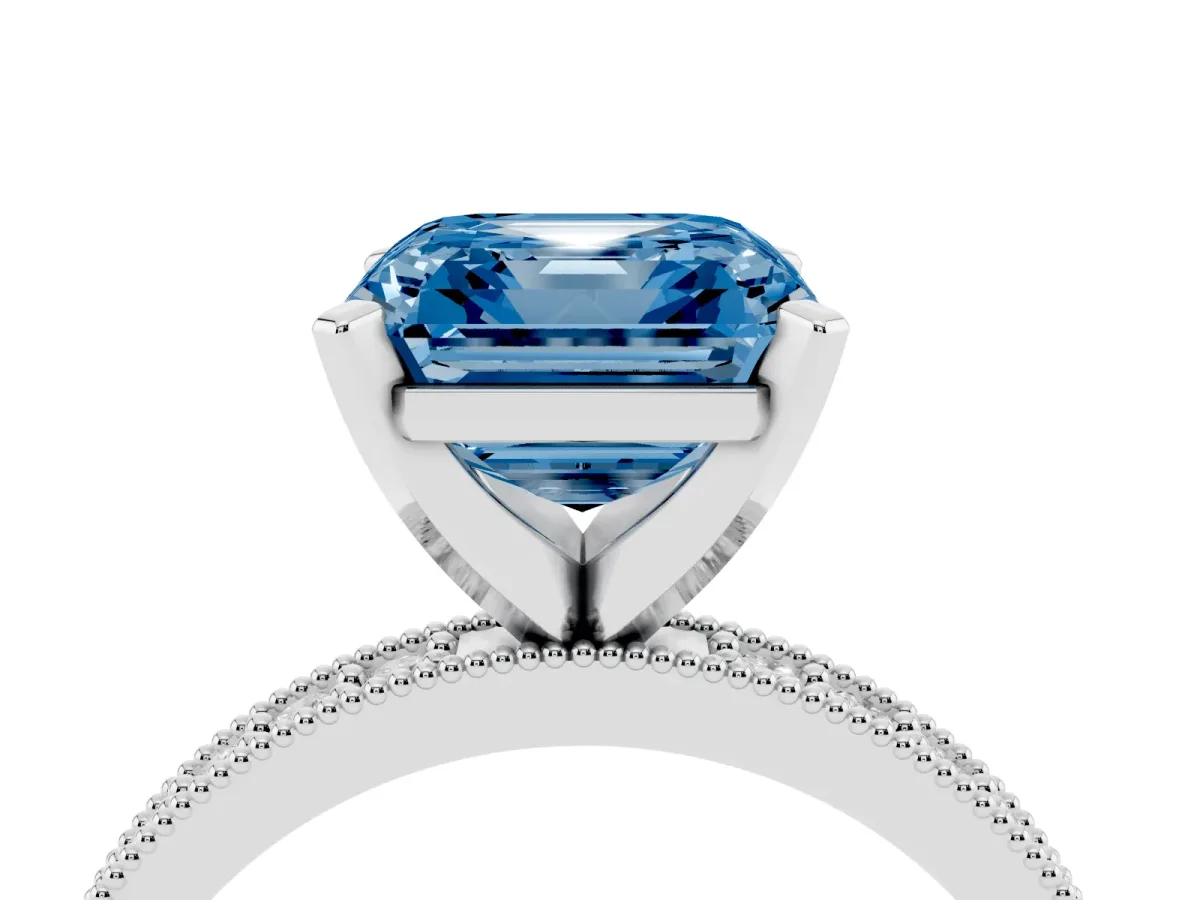 Fancy Blue Asscher Cut Diamond Milgrain Pavé Engagement Ring with Four-Prong Setting Silver