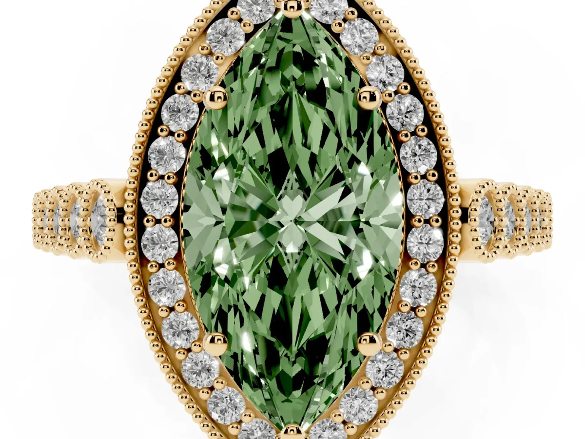 Fancy Green Marquise Cut Halo Milgrain Solitaire with Bezel Set Side Stones and Pave Band Yellow gold