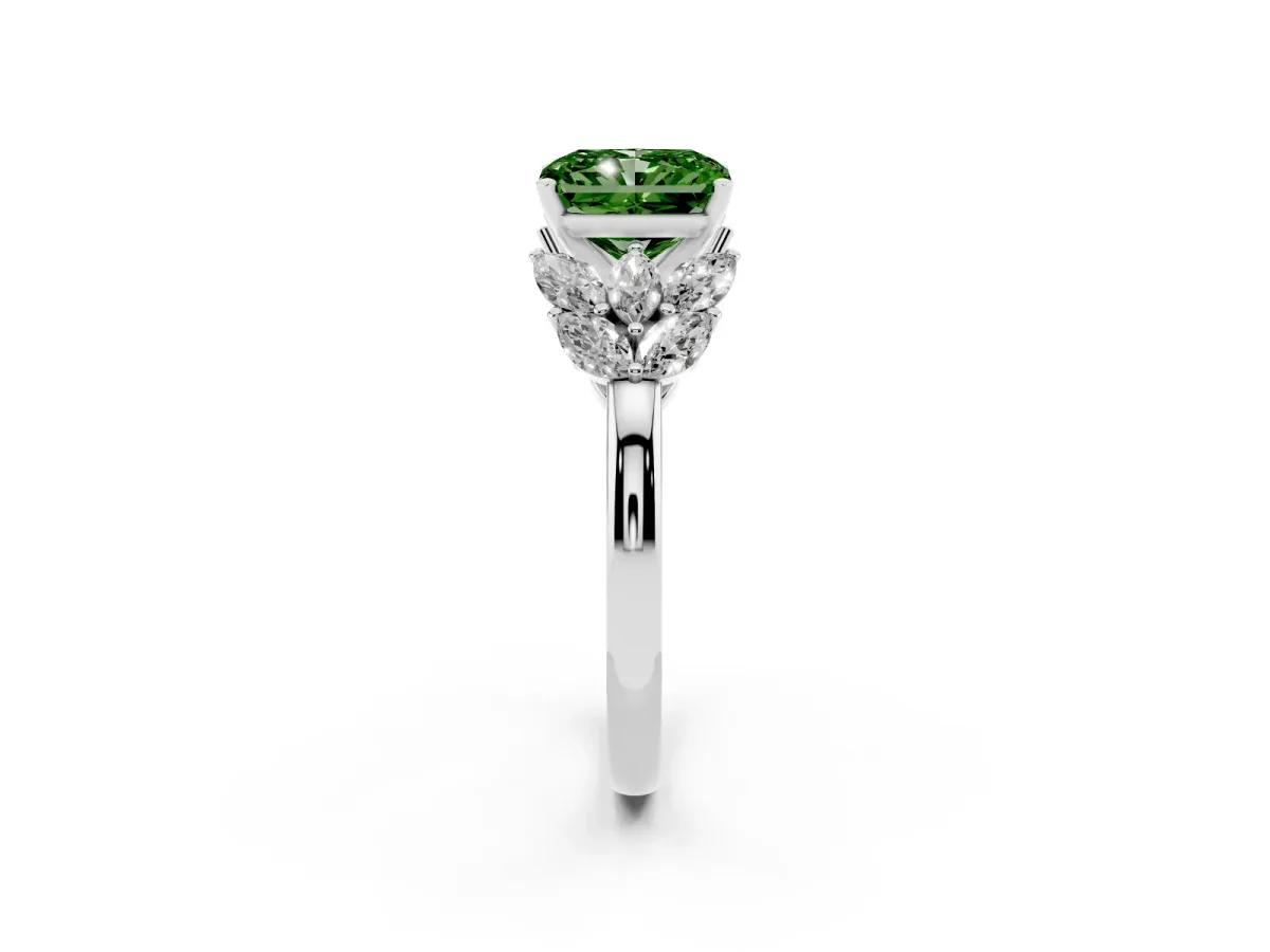 Fancy Green Radiant Cut Diamond Cluster Leaf Design Ring with Prong Setting White gold