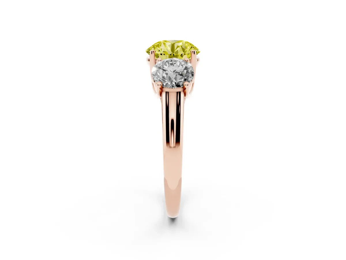 Fancy Yellow Three-Stone Round Cut Diamond Engagement Ring with Prong Setting Rose gold