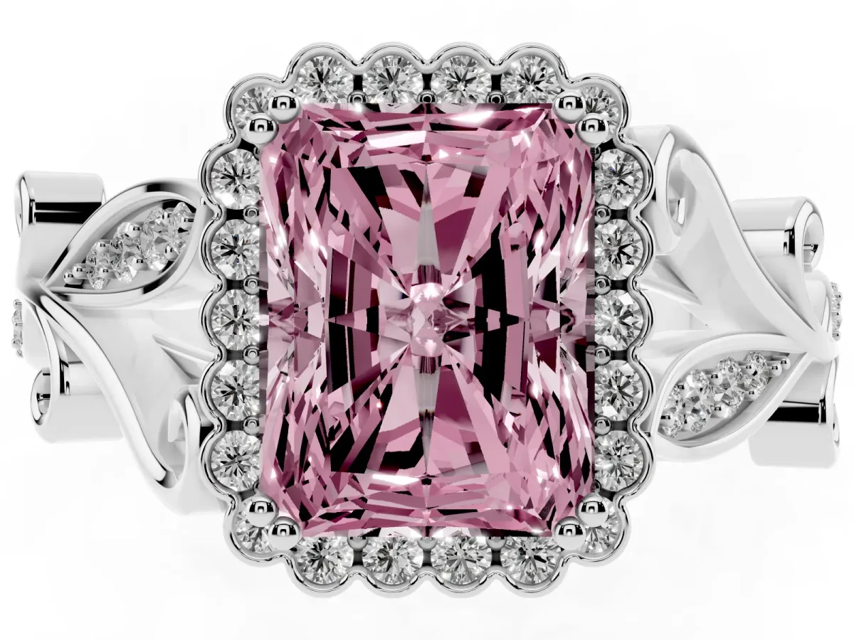Fancy Pink Radiant Cut Diamond Halo Ring with Vintage Split Shank and Four-Prong Setting Silver