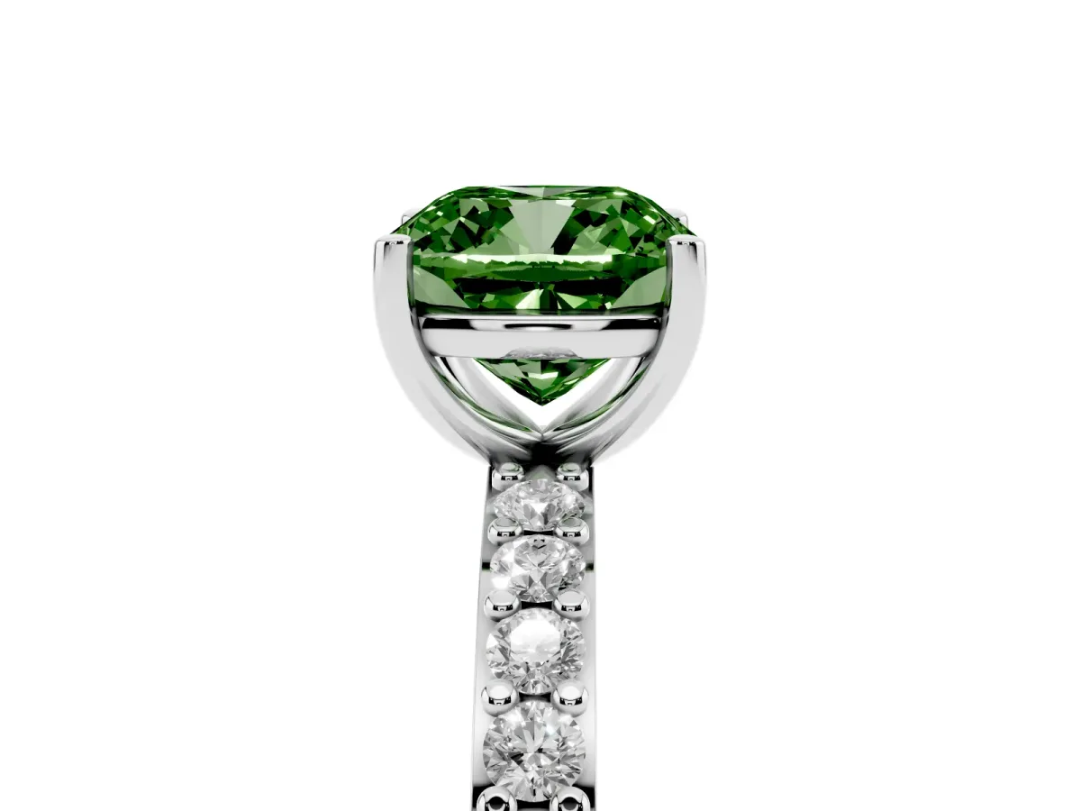 Fancy Green Cushion Cut Cut Diamond Solitaire with Pave Band and Four-Prong Setting Silver